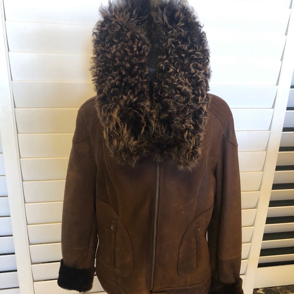 Chocolate Brown short SHEARLING LEATHER COAT - Fits sizes 7-9